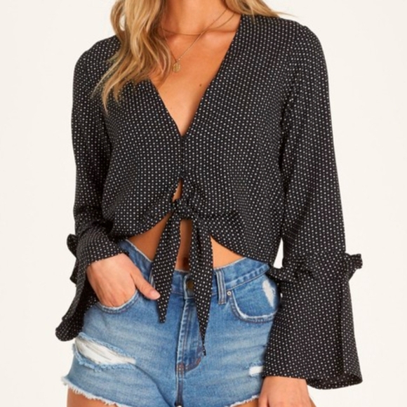 Billabong Tops - Billabong Black White Polka Dot Daisy Duke Tie Front Bell Sleeve Shirt Medium